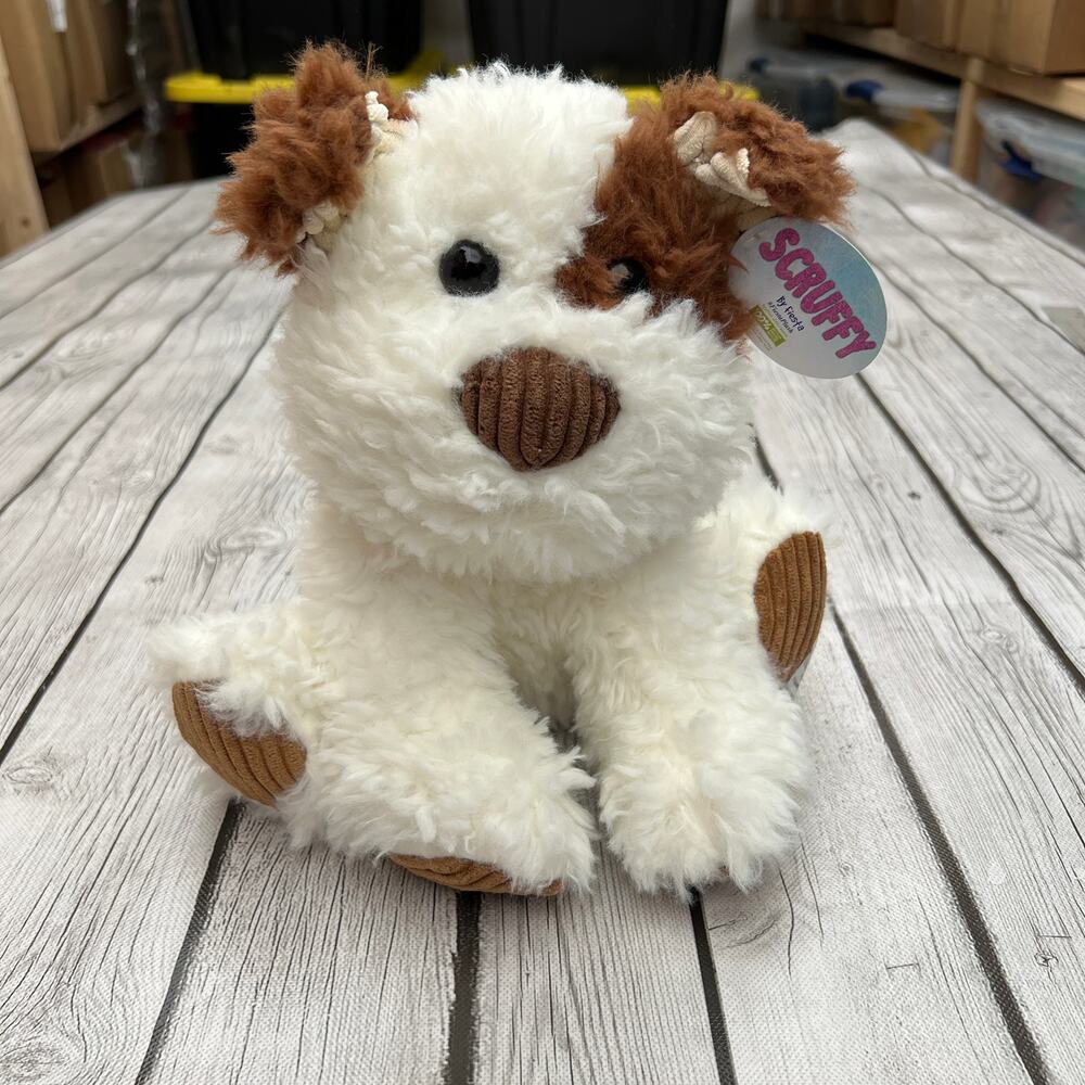 FIESTA Scruffy White & Brown Puppy Dog Corduroy Nose Paws Sitting 9.5" Plush